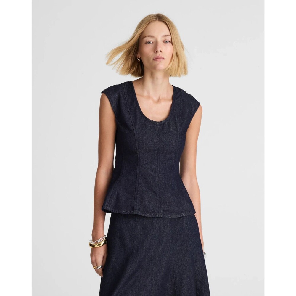 MADEWELL Denim Seamed Scoopneck Top in Rinse Wash 4 Peplum Rigid Cotton NWT B15